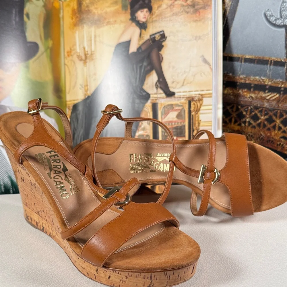 Salvatore Ferragamo brown Leather Wedge Sandals size 7 - Picture 2 of 12